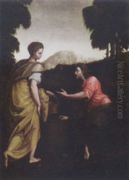 Christ And The Woman Of Samaria Oil Painting by Luca (Romano) Penni