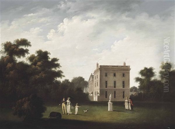 A View Of Allerton Hall, Liverpool, With Elegant Figures Conversing Oil Painting by John Pennington