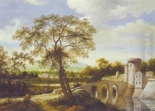 A River Landscape With Drovers Crossing A Bridge By A Fortified Town Oil Painting by Johannes (Il Pennito) Penninks