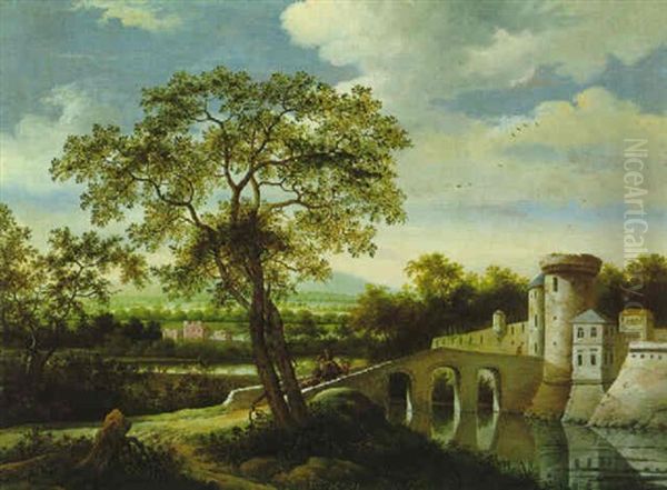 Weite Bewaldete Fluslandschaft Mit Einem Schlos Und Einer Steinernen Brucke Oil Painting by Johannes (Il Pennito) Penninks