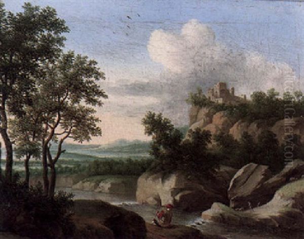 A Mountainous Landscape With A Traveller Resting By A River, A Castle On An Outcrop Beyond Oil Painting by Johannes Pennis