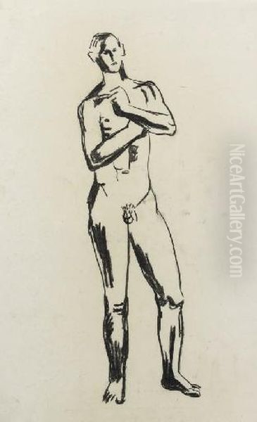 A Study Of A Standing Male Nude Oil Painting by Hermann Blumenthal