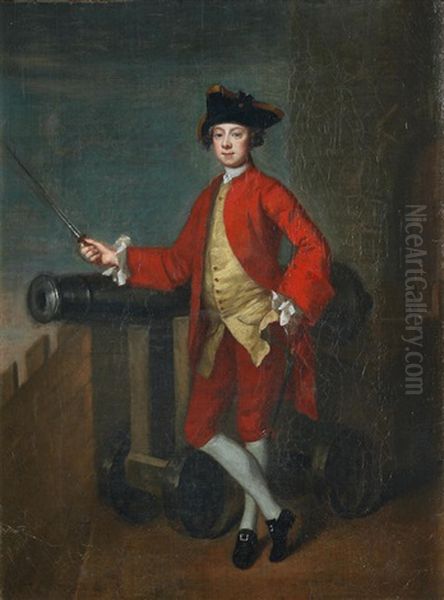 Portrait Of An Officer, Standing Full-length Before A Cannon Oil Painting by Edward Penny