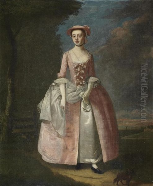 Portrait Of A Lady, Traditionally Identified As Miss Penny, Full-length, In Pink Before A Landscape Oil Painting by Edward Penny