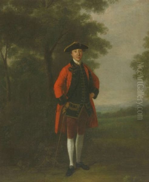 Portrait Of A Young Gentleman, Standing Full Length, In A Red Coat And Tricorn Hat, In A Wooded Landscape Oil Painting by Edward Penny