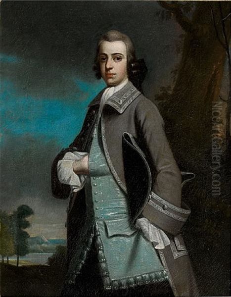 Portrait Of A Gentlemanin A Grey Coat With A Blue Waistcoat, A Tricorn Hat Under His Arm And A Landscape Beyond Oil Painting by Edward Penny