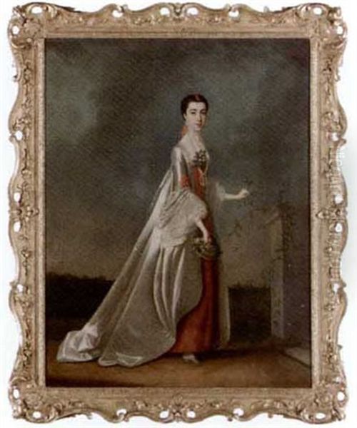 Portrait Of A Lady (the Duchess Of Somerset?) In A Red And White Dress, In A Landscape Oil Painting by Edward Penny