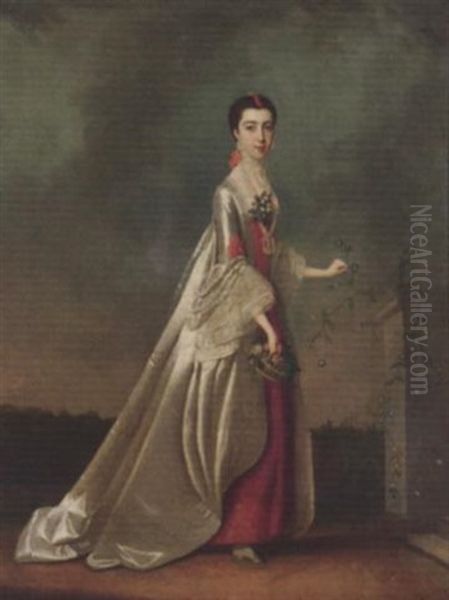 Portrait Of A Lady, (duchess Of Somerset?), In A Red And White Dress, In A Landscape Oil Painting by Edward Penny