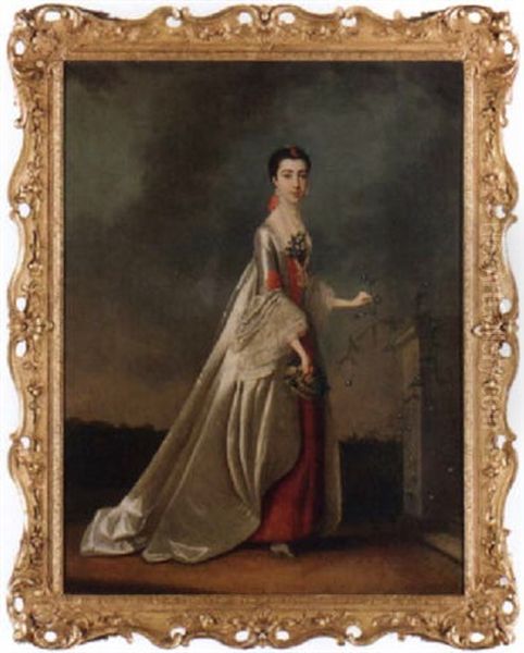 Portrait Of A Lady (the Duchess Of Somerset?) In A Red And White Dress, In A Landscape Oil Painting by Edward Penny