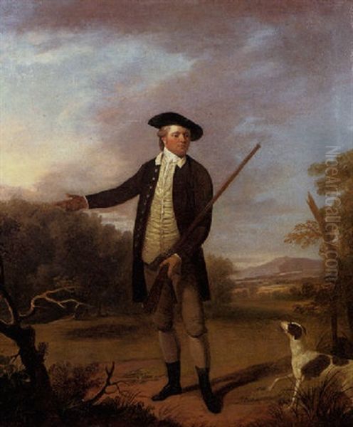 Portrait Of A Gentleman Standing With His Gun And Dog In A Landscape Oil Painting by Edward Penny