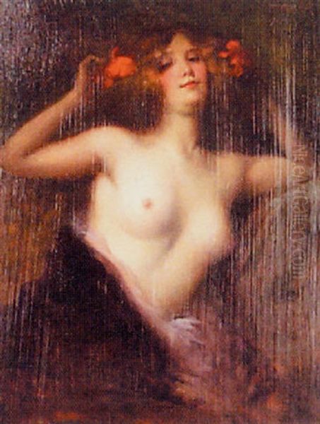 A Semi-draped Woman With Flowers In Her Hair Oil Painting by Albert Joseph Penot