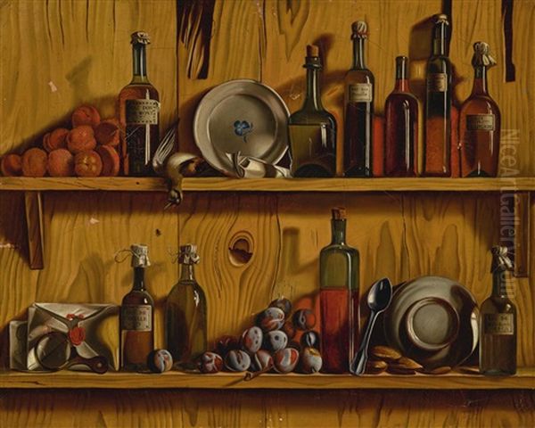 Trompe L'oeil Still Life Of Bottles, Fruit, Plates And Other Objects Along Two Wooden Shelves Oil Painting by Jean Valette-Falgores Penot