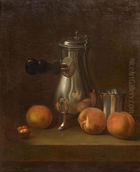 Still Life With Peaches, Walnuts And A Silver Chocolate Pot by Jean Valette-Falgores Penot