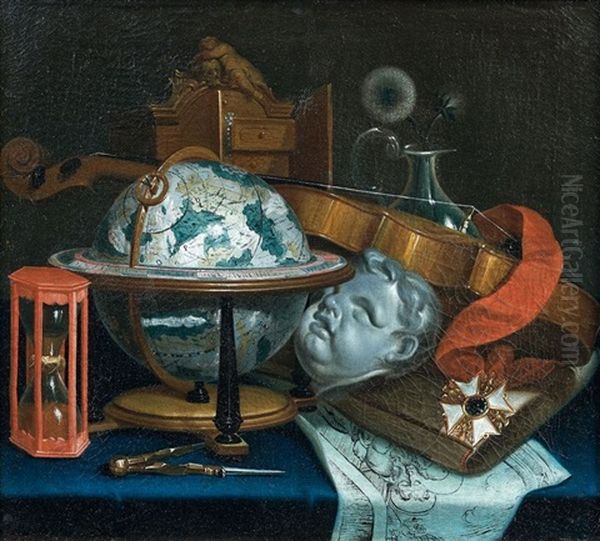 Nature Morte Au Globe, Au Violon, A La Sculpture, Au Sablier Et Au Compas Oil Painting by Jean Valette-Falgores Penot