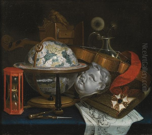 Vanitas Still Life With Globe, Violin, Hourglass And Military Medal Oil Painting by Jean Valette-Falgores Penot