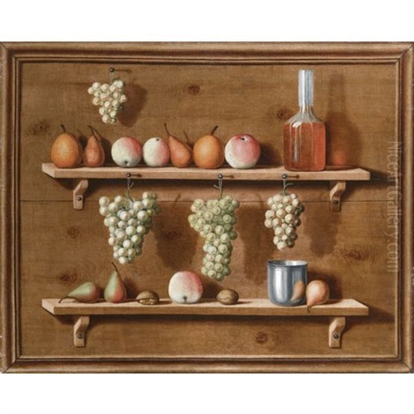 Trompe L'oeil Of Pears, Apples And Nuts Resting On Ledges And Bunches Of Grapes Hanging From Ledges All Within A Painted Frame Oil Painting by Jean Valette-Falgores Penot