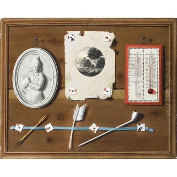 Trompe L'oeil With A Pen, Feather, Pipe, A Barometer And Thermometer, And A Drawing Tacked To A Board Within A Painted Frame Oil Painting by Jean Valette-Falgores Penot