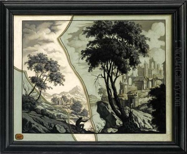 A Framed Landscape With A Fisherman Painted Below Broken Glass Oil Painting by Jean Valette-Falgores Penot