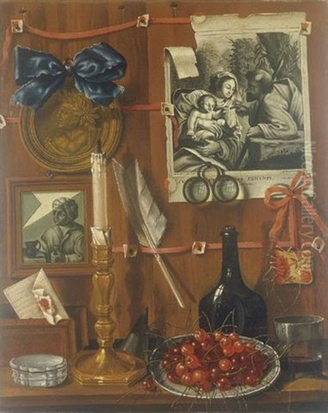 Trompe L'oeil With A Basket Of Cherries On A Table And Engravings Tacked Up To A Wall Oil Painting by Jean Valette-Falgores Penot