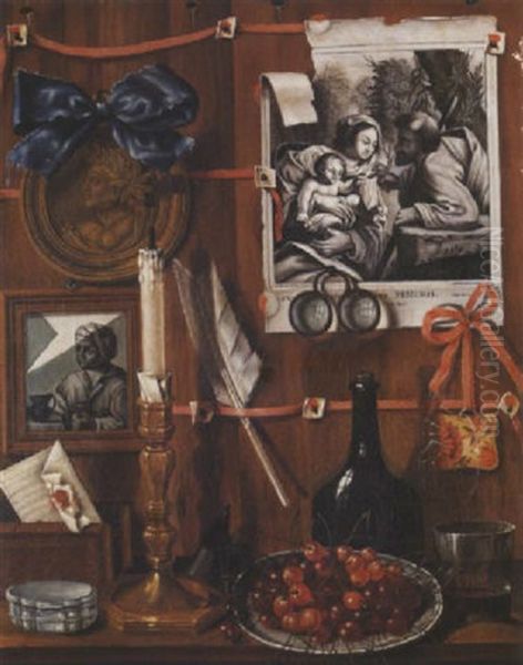 Trompe-l'oeil Aux Gravures Et A L'assiette De Cerises Oil Painting by Jean Valette-Falgores Penot