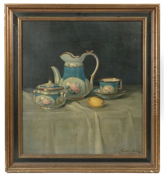 Still Life With Coffee Pot, Sugar Bowl, Cup With Saucer And Lemon On Tablecloth Oil Painting by Janos Pentelei-Molnar