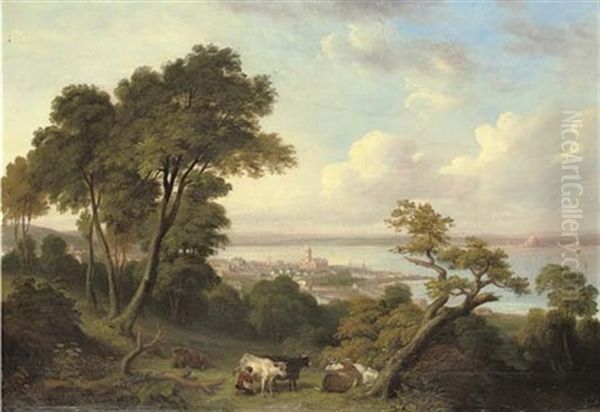 View Of Penzance, Cornwall, A Milkmaid And Cattle In The Foreground, And St. Michael's Mount Beyond Oil Painting by Richard Thomas Pentreath