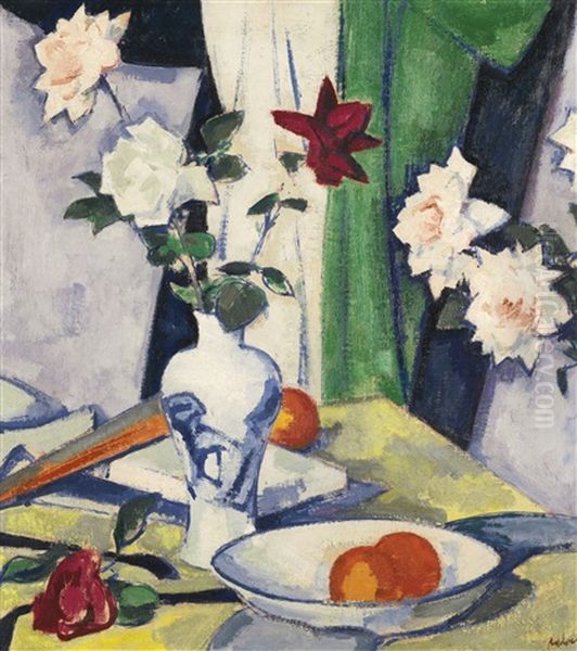 Still Life Of Roses With A Blue And White Vase Oil Painting by Samuel John Peploe