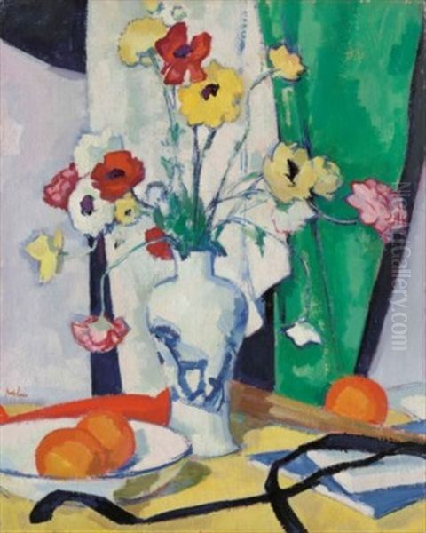 Still Life Of Summer Flowers In A Chinese Blue And White Vase Oil Painting by Samuel John Peploe