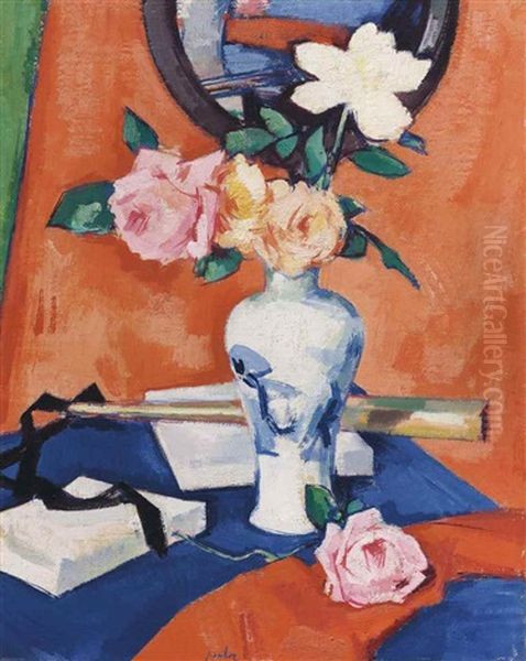 Roses In A Vase Against An Orange Background Oil Painting by Samuel John Peploe