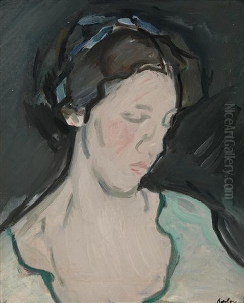 A Portrait Of A Young Woman, Thought To Be Peggy Macrae Oil Painting by Samuel John Peploe