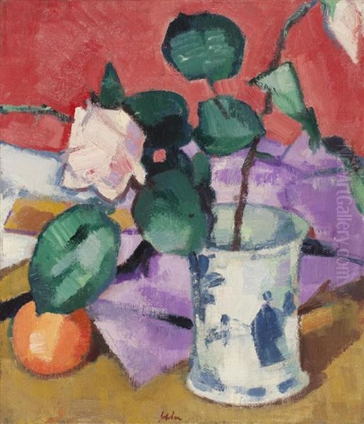 Pink Roses In A Chinese Vase Oil Painting by Samuel John Peploe