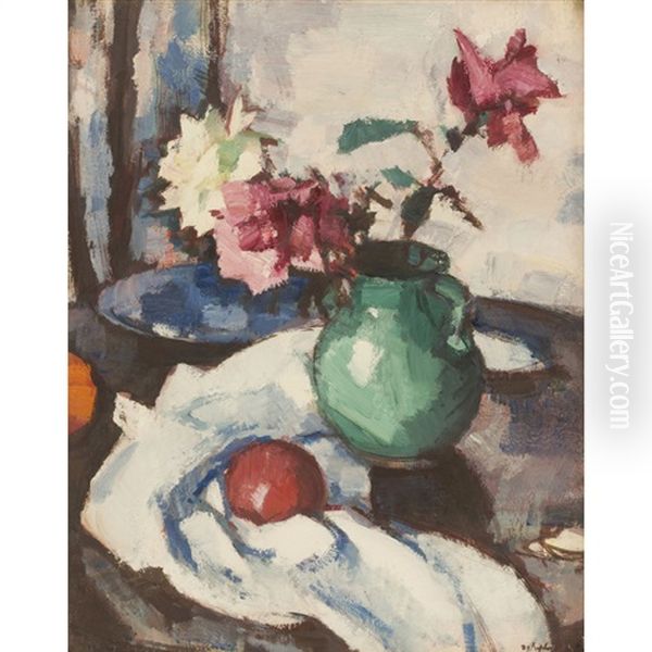 Still Life Of Roses In A Green Vase Oil Painting by Samuel John Peploe