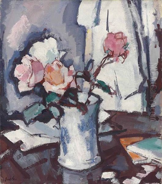 Roses In A Blue And White Jar Oil Painting by Samuel John Peploe