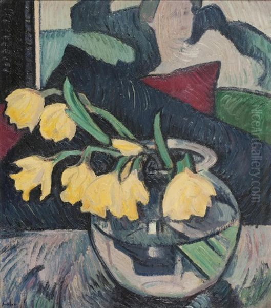 Daffodils In A Glass Bowl Oil Painting by Samuel John Peploe