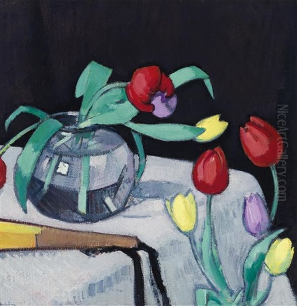 Still Life With Tulips On A Black Background Oil Painting by Samuel John Peploe