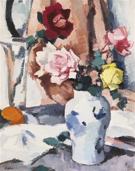 Red, Pink And Yellow Roses In A Blue Vase Oil Painting by Samuel John Peploe