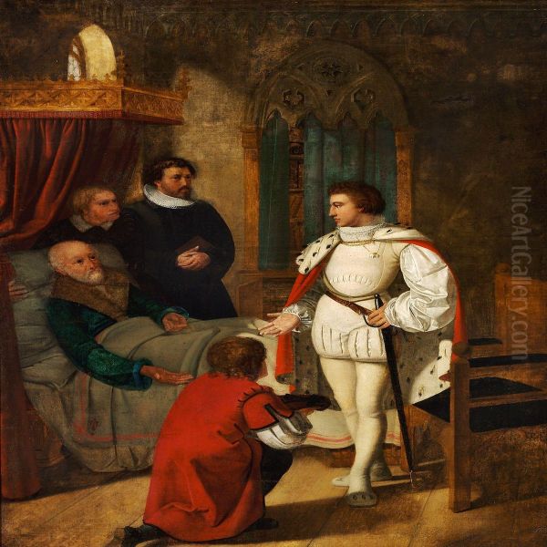 King Christian Iv Is Receiving Thekeys To The Danish Crown Regalia From The Dying Chancellor Nielskaas Oil Painting by Ditlev Konrad Blunck