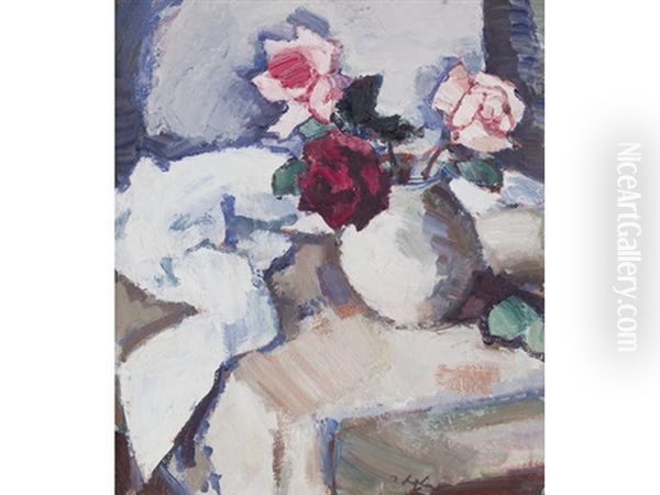 Dark Roses In Pot Oil Painting by Samuel John Peploe