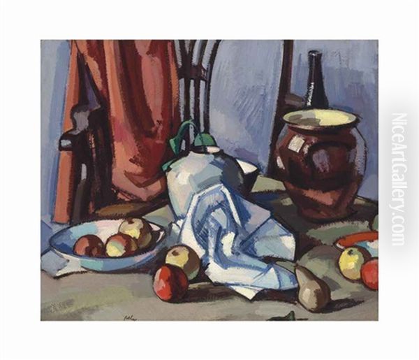 Dish With Apples, Ginger Jar, Brown Crock, Bottle, And Chair by Samuel John Peploe