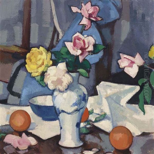 Still Life With Roses In A Blue And White Vase Oil Painting by Samuel John Peploe