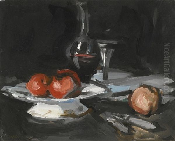 Still Life With Wine Decanter, Glass And Apples Oil Painting by Samuel John Peploe