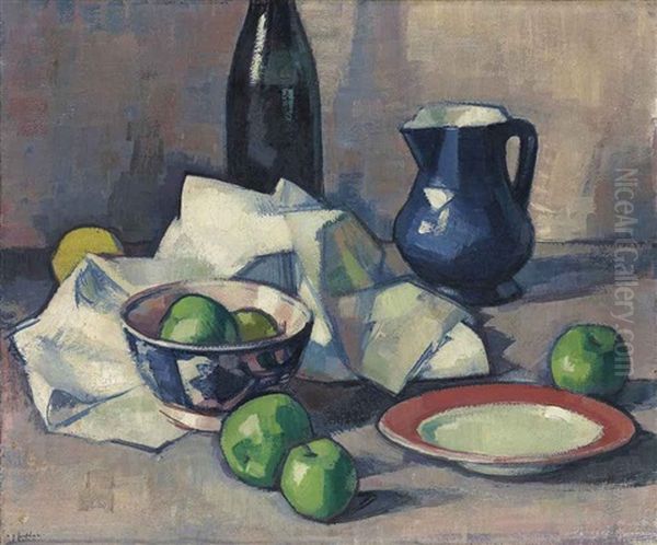 Black Bottle, Napkin And Green Apples Oil Painting by Samuel John Peploe