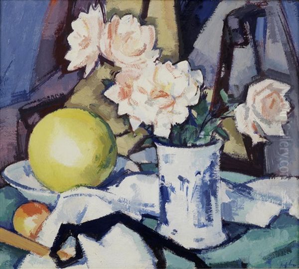 Blue & White Vase, Roses, Melon And Orange (+ Study For Houses And Landscape, Verso) Oil Painting by Samuel John Peploe