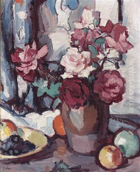 Still Life With Roses, Grapes And Apples Oil Painting by Samuel John Peploe