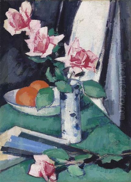 Still Life With Pink Roses And Oranges In A Blue And White Vase Oil Painting by Samuel John Peploe