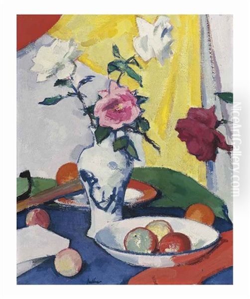 Still Life With Roses, Yellow Background Oil Painting by Samuel John Peploe