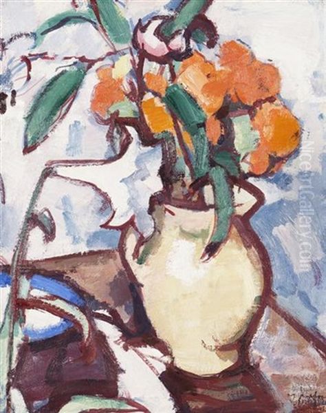 A Still Life Of Marigolds (+ Untitled (table-top With Plaster Cast And Book) (study), Verso) Oil Painting by Samuel John Peploe