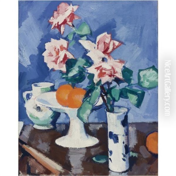 Still With Pink Roses In A Blue And White Vase With Oranges And Jug by Samuel John Peploe