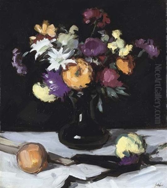 Still Life Of Chrysanthemums Against Black Oil Painting by Samuel John Peploe