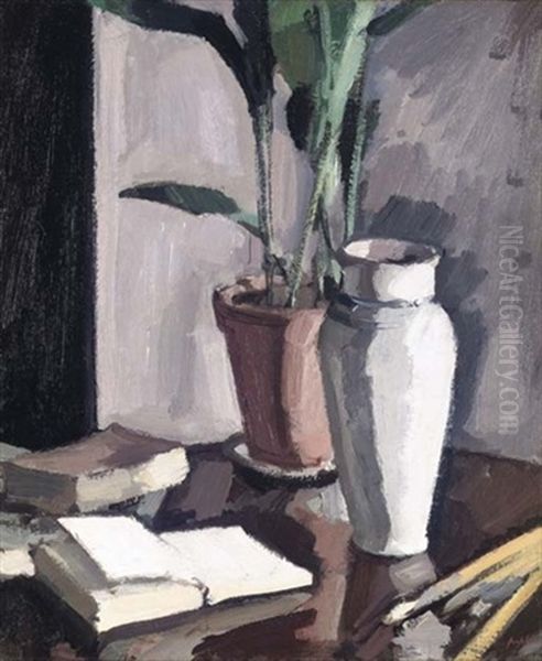 Still Life With Aspidistra And A Vase (+ Reclining Nude Study, Verso) Oil Painting by Samuel John Peploe